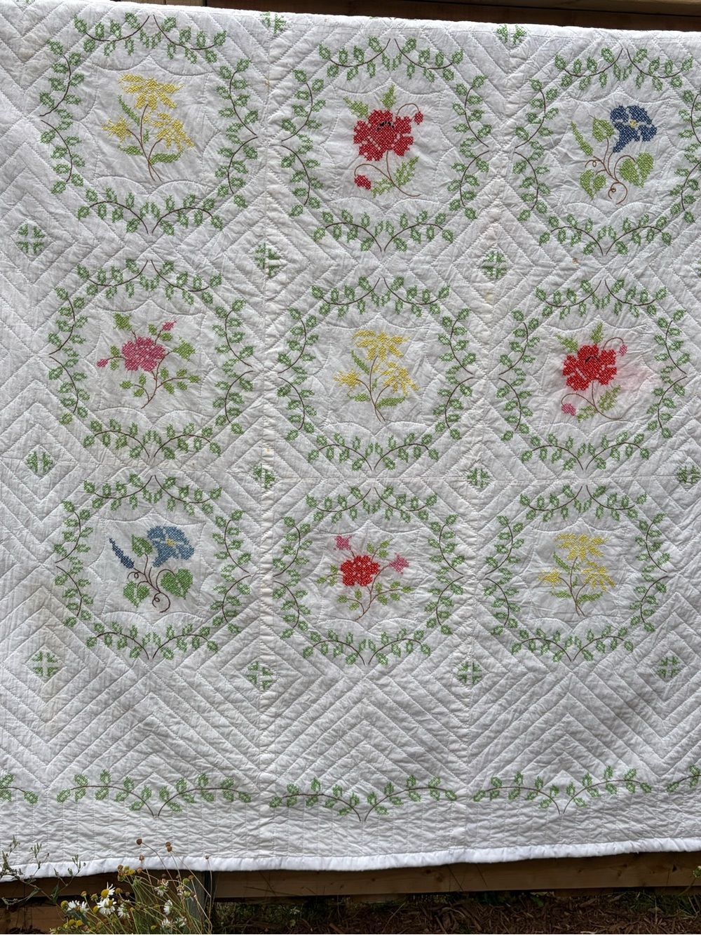 Vintage Hand Cross-Stitch & Hand-Quilted Floral Quilt Blanket